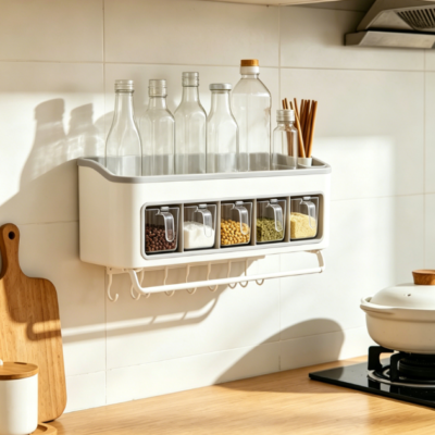 Kitchen wall-mounted spice rack, no drilling required